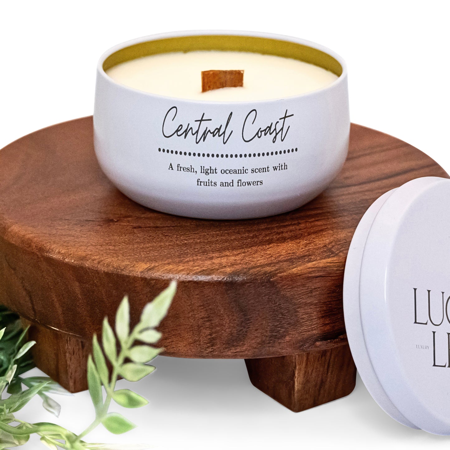 Lucille Lehr's 'Central Coast' Candle: Bring the essence of the coast into your home with the 'Central Coast' candle, featuring a fresh, light oceanic scent blended with notes of fruits and flowers. Set in a white tin with a crackling wooden wick, this candle rests on a wooden stand, adding a serene and refreshing touch to any space.