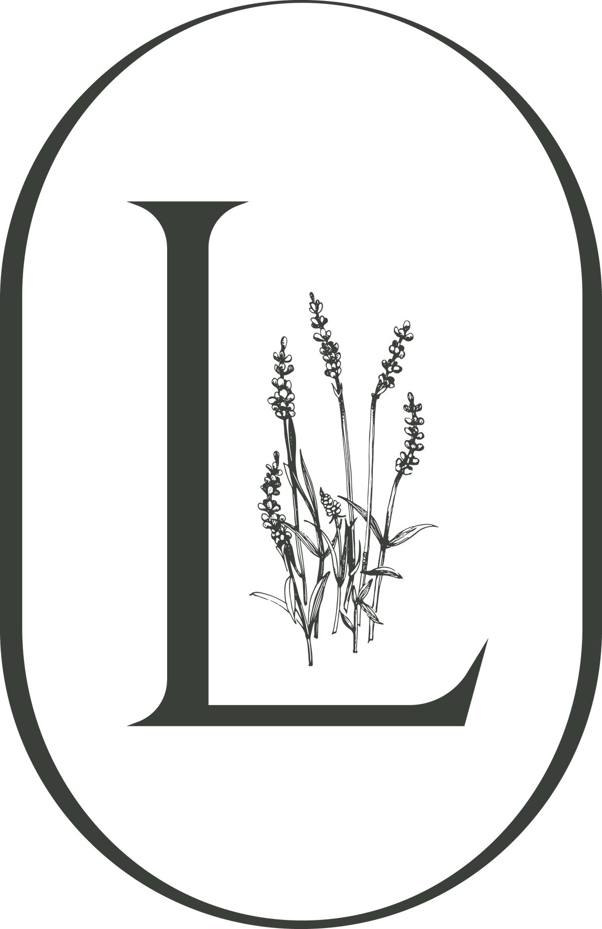 Lucille Lehr Logo Mark: An elegant sage logo featuring stylized lavender sprigs forming a minimalist emblem, symbolizing the brand's commitment to natural luxury and handcrafted quality.