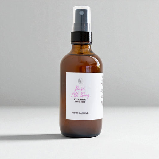 Brown spray bottle with a white label on a gray background